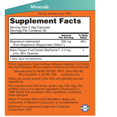 NOW Magnesium Glycinate with BioPerine - 180 веган капс