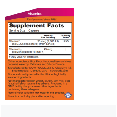 NOW Vitamin D3 & K-2 1000 МЕ/45 мкг - 120 веган капс