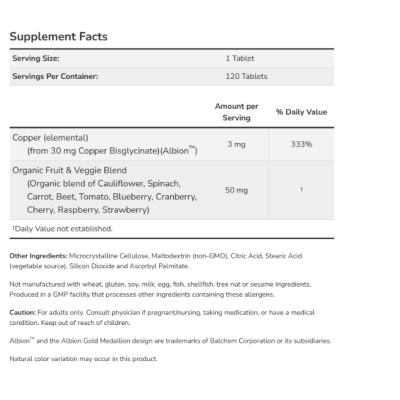 NOW Copper Glycinate 3 mg - 120 табл