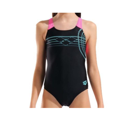 Купальник закритий для дівчат Arena SUNRISE SWIMSUIT SWIM PRO BACK чорний, бірюзовий, рожевий Діт 116 см