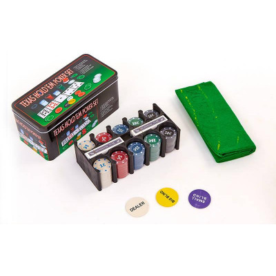 Покерный набор в метал. коробке-200 IG-1105210 TEXAS HOLD'EM (200 фишек с номинал,2кол.карт,полотно)